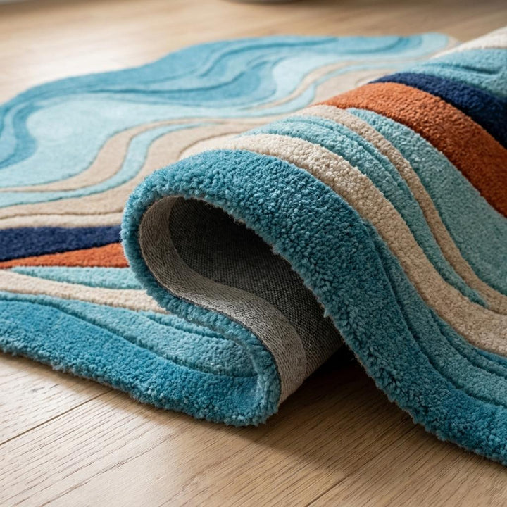 Translation missing: es.Abstract Hand Tufted Wool Rug, Organic Modern Wave Rug for Living Room, Sculpted Blue Area Carpet __etsy:8006170586