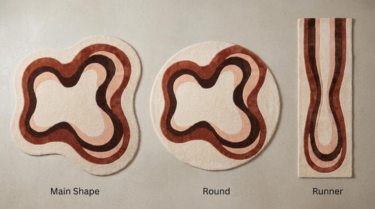 Translation missing: es.Modern handmade rug available in rectangle, round, and runner hallway styles featuring earthy abstract layered shapes __etsy:7994283316