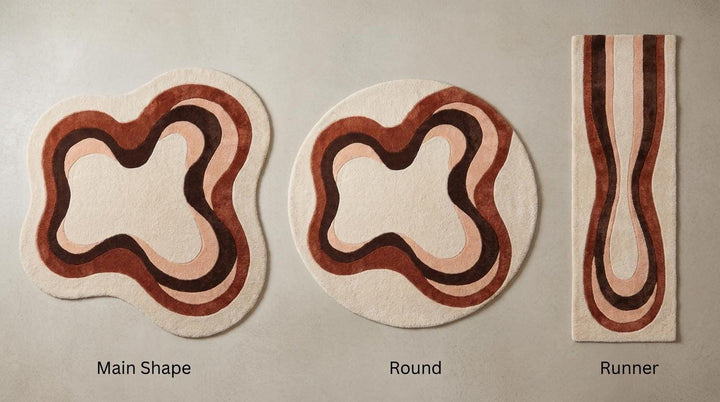 Translation missing: es.Modern handmade rug available in rectangle, round, and runner hallway styles featuring earthy abstract layered shapes __etsy:7994283316