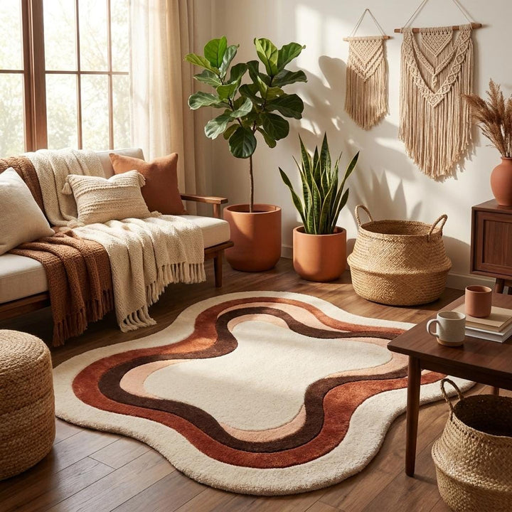 Translation missing: es.Organic modern wool rug with flowing curved pattern designed for bedroom, studio, or minimalist living room interiors __etsy:8042219947