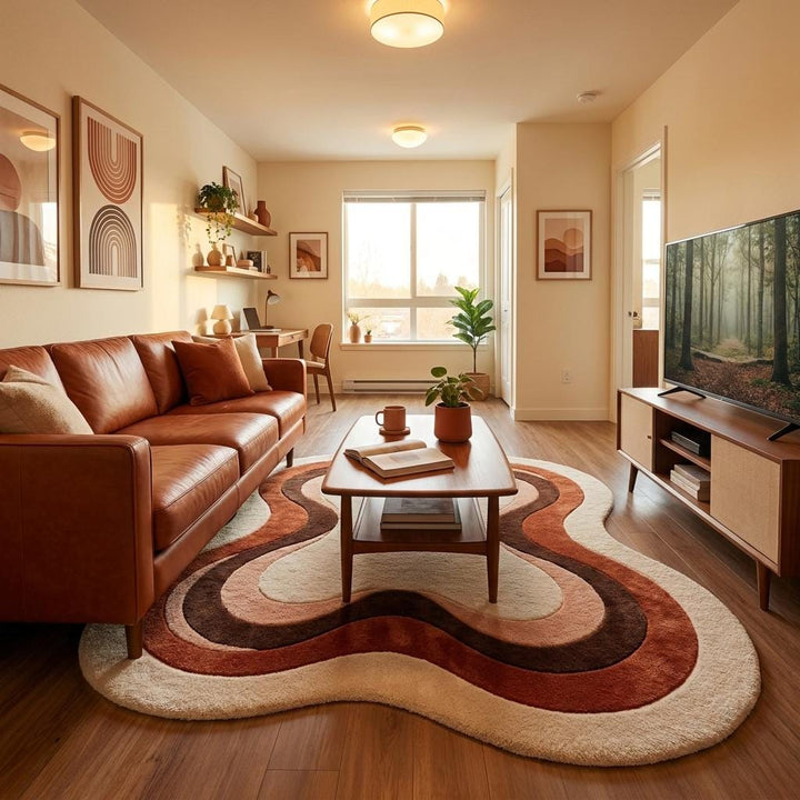 Translation missing: es.Soft hand tufted contemporary rug in warm terracotta and cream tones adding texture and warmth to Scandinavian decor __etsy:8042219939