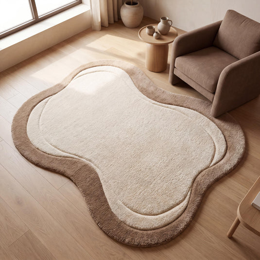 Translation missing: es.Hand tufted organic wool blend rug in cream and taupe tones styled in a modern minimalist living room __etsy:8074294715