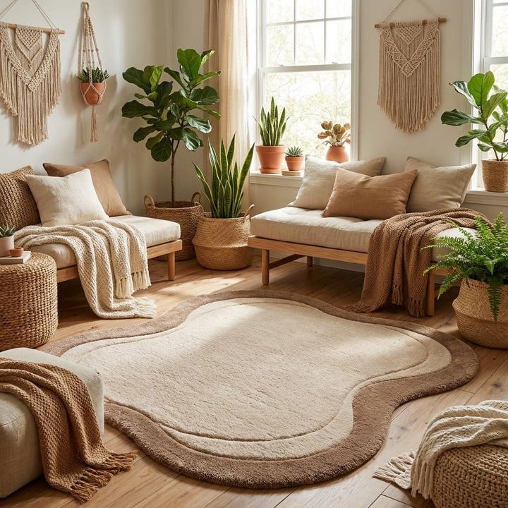 Translation missing: es.Cream and beige sculpted wool rug designed for Scandinavian and organic modern home styling __etsy:8026380894
