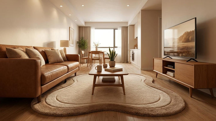 Translation missing: es.Neutral modern tufted rug with flowing abstract shape and warm earthy tones for cozy interior spaces __etsy:8026380886