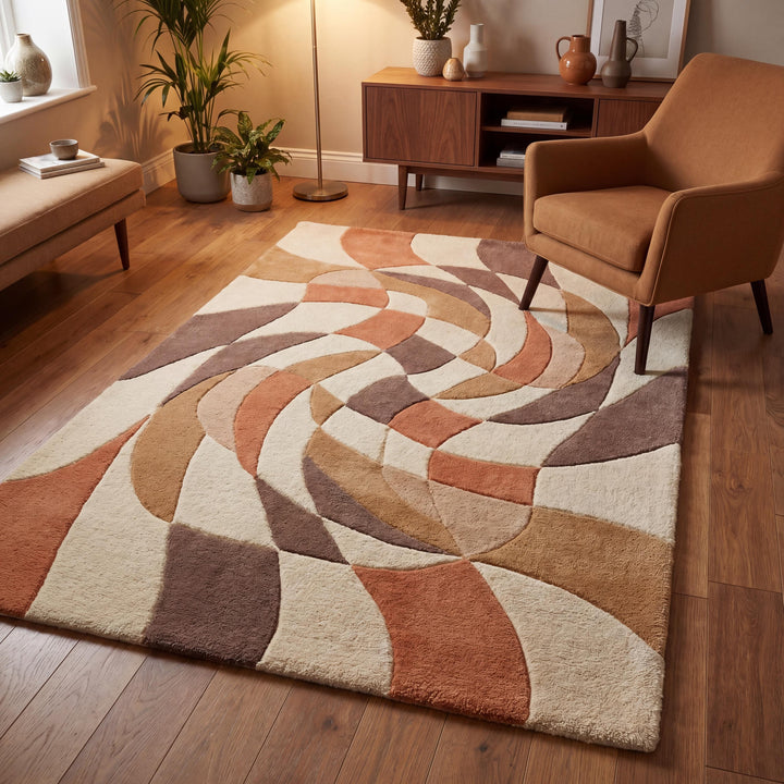 Translation missing: es.Handmade abstract wool area rug styled in a modern living room with warm neutral geometric carved design __etsy:8000463472