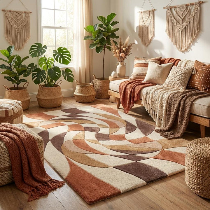 Translation missing: es.Neutral hand tufted wool area rug with artistic mid-century inspired pattern for stylish living room decor __etsy:8048393603