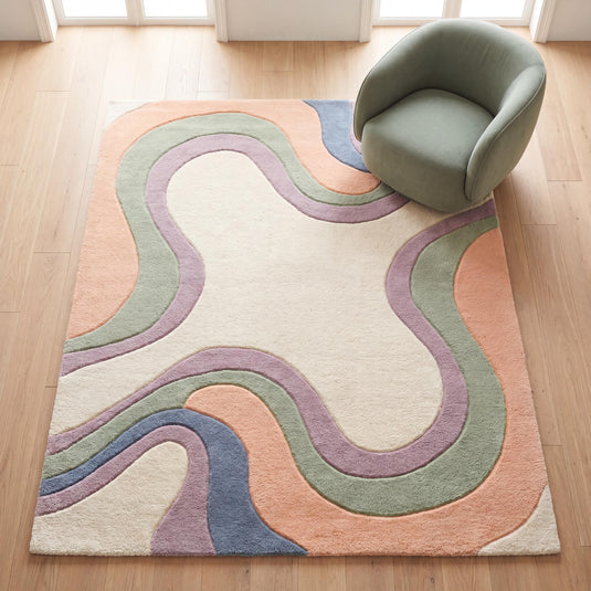 Translation missing: es.Abstract hand tufted wool rug with pastel organic pattern in modern living room setting __etsy:8036451171