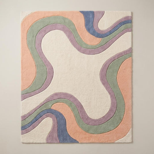 Translation missing: es.Modern cream wool rug with flowing peach, sage, and lavender abstract lines __etsy:7988511992
