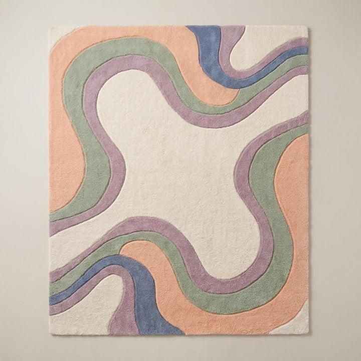 Translation missing: es.Modern cream wool rug with flowing peach, sage, and lavender abstract lines __etsy:7988511992