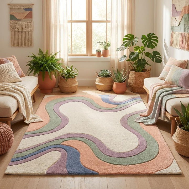 Translation missing: es.Contemporary pastel wool area rug styled beside accent chair on wooden floor __etsy:8036451085