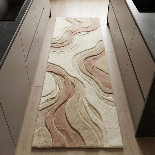 Translation missing: es.Abstract neutral runner rug with carved wave patterns in ivory and beige for modern kitchens and hallways