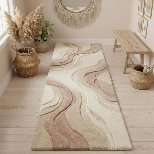 Translation missing: es.Modern hallway styled with a neutral abstract runner rug featuring flowing patterns and warm minimalist colors