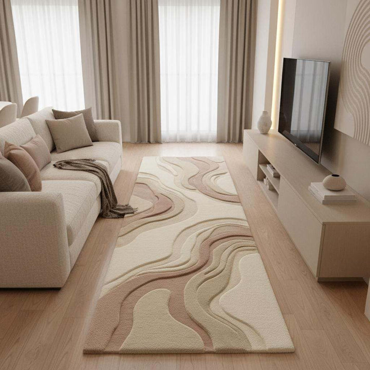 Translation missing: es.Detailed view of the abstract wave pattern and high-low carved texture on a contemporary runner rug