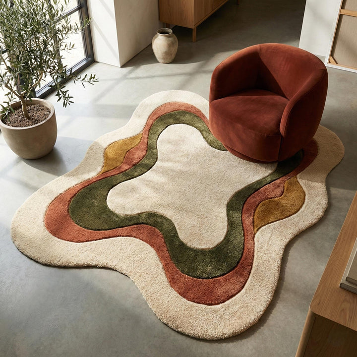Translation missing: en.Abstract organic shaped area rug with cream, terracotta, olive, and mustard layered pattern and plush texture