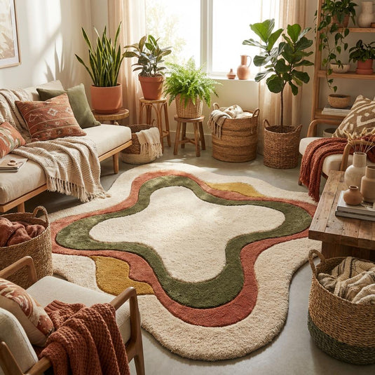 Translation missing: es.Modern living room featuring organic shaped cream area rug with terracotta and green accents, plush statement rug styled with wood furniture and natural light