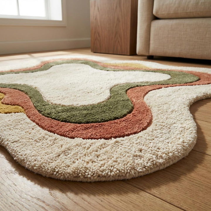 Translation missing: en.Detailed view of curved edge and layered abstract pattern on sculpted modern area rug, showcasing irregular border shape and plush textured finish
