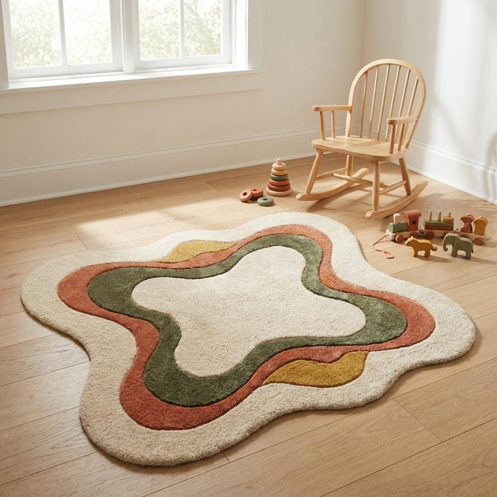 Translation missing: en.Soft cream abstract area rug styled in cozy nursery space, plush organic shaped carpet adding warmth and comfort to child-friendly modern room