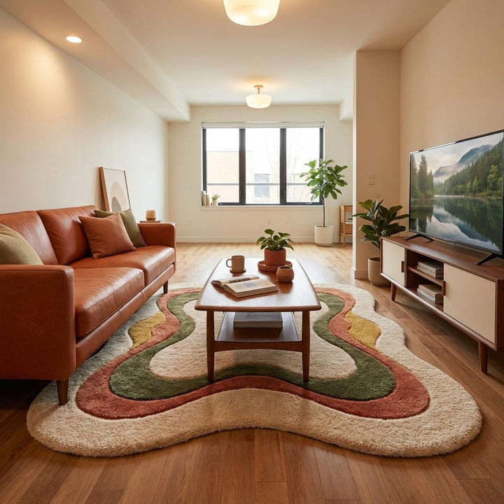 Translation missing: en.Abstract Organic Shaped Area Rug, Modern Boho Cream Plush Carpet Decor