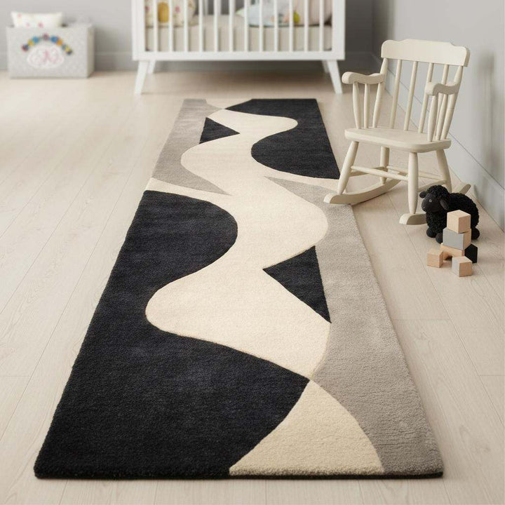 Translation missing: es.Abstract Runner Rug, Modern Black Ivory Hallway Carpet, Mid Century Handmade Wool Rug