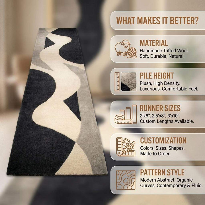 Translation missing: es.Abstract Runner Rug, Modern Black Ivory Hallway Carpet, Mid Century Handmade Wool Rug