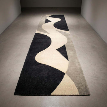 Translation missing: fr.Modern abstract runner rug in black ivory gray, handmade wool hallway carpet with mid-century design