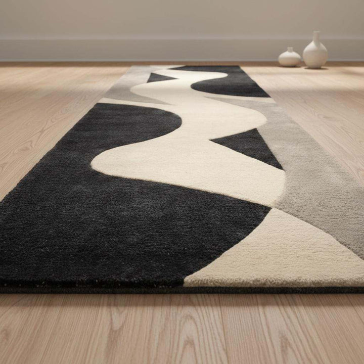 Translation missing: es.Black and ivory color contrast in modern wool runner rug with subtle grey accents