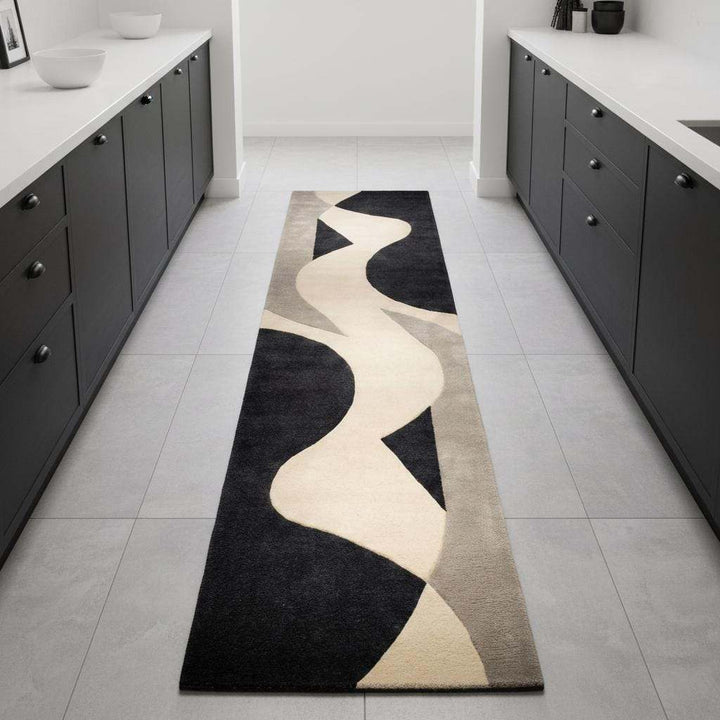Translation missing: es.Abstract Runner Rug, Modern Black Ivory Hallway Carpet, Mid Century Handmade Wool Rug