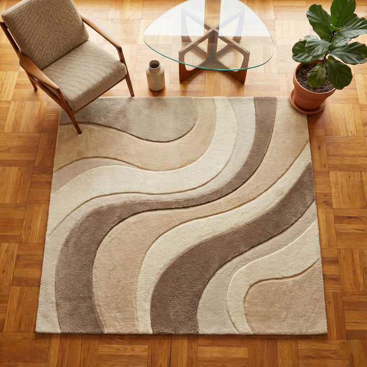 Translation missing: es.Abstract wavy area rug in neutral beige with sculpted modern wave pattern for contemporary interiors