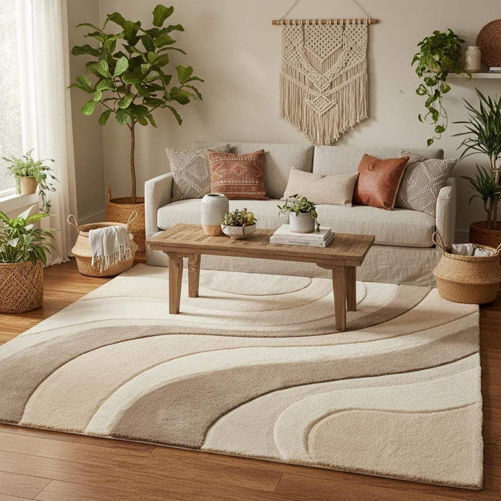 Translation missing: es.Textured modern area rug in cream and beige, abstract wave carpet for minimalist and japandi home decor