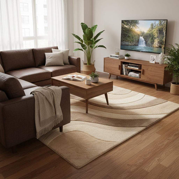 Translation missing: es.Contemporary abstract rug with organic wavy pattern, neutral toned rug for bedroom or living room styling