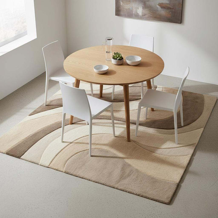 Translation missing: es.Neutral beige abstract wave rug with raised sculpted design, modern carpet for elegant home interiors
