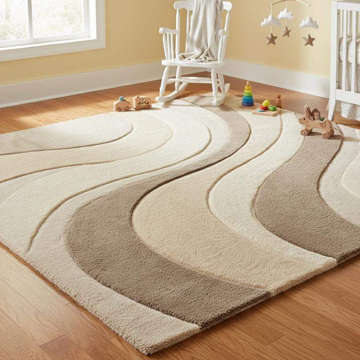 Translation missing: es.Abstract Wavy Area Rug, Neutral Beige Sculpted Modern Carpet