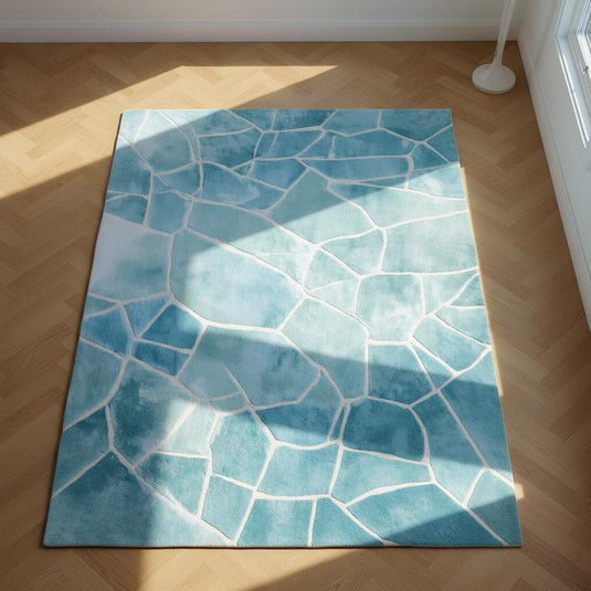 Translation missing: es.Aqua Blue Abstract Rug with ocean wave design, handmade tufted, blue geometric modern area carpet