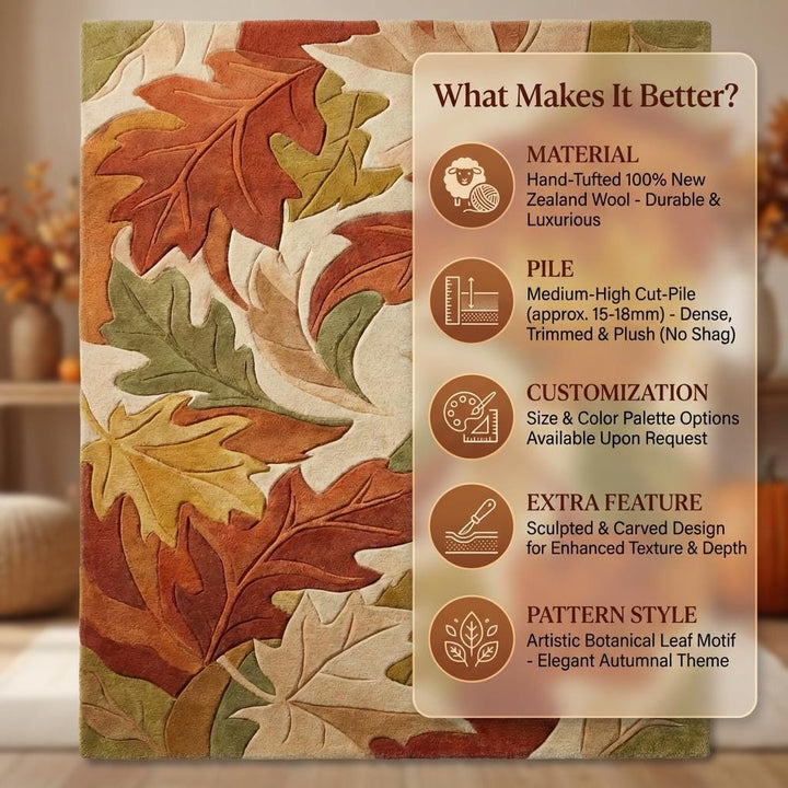 Translation missing: es.Autumn Leaf Area Rug, Hand Tufted Fall Living Room Carpet, Cozy Nature Decor, Rustic Modern Floor Rug