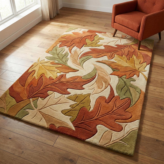 Translation missing: es.Cozy hand-tufted autumn leaf area rug with sculpted 3D design and warm fall tones for living room decor