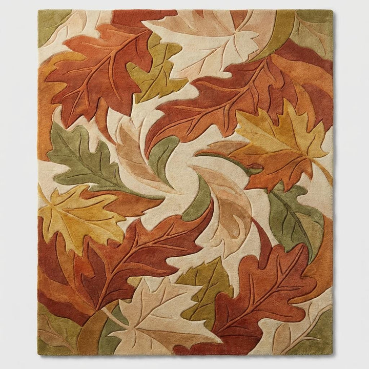 Translation missing: es.Top view autumn leaf pattern area rug with sculpted leaves in rust, cream and olive tones
