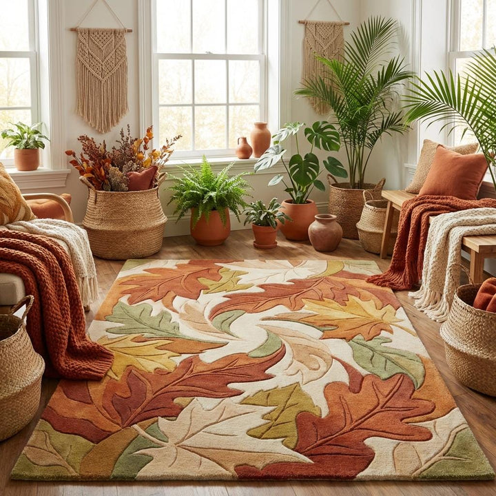 Translation missing: es.Nature inspired leaf rug placed in cozy living room decor, warm rustic modern floor carpet