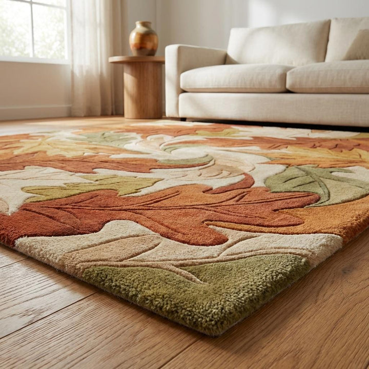 Translation missing: es.Detail of rug edge and carved leaf shapes showing dense pile and dimensional tufted craftsmanship