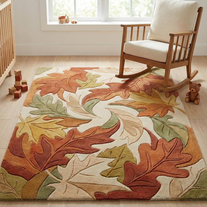 Translation missing: es.Soft autumn leaf rug design suitable for nursery decor, plush texture and warm comforting tones