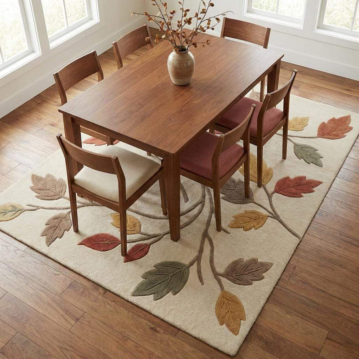 Translation missing: es.Autumn Leaves Area Rug, Modern Botanical Wool Living Room Carpet, Neutral Ivory Fall Decor , Cozy Nursery Rug, Nature Inspired Home Accent