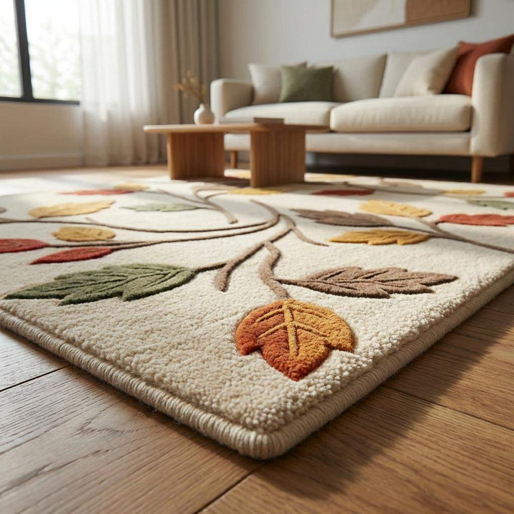 Translation missing: es.Detailed view of rug corner showing sculpted leaf edges, clean finishing, medium pile height, and durable construction of botanical fall area rug
