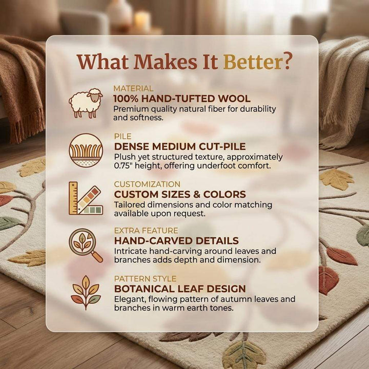 Translation missing: es.Autumn Leaves Area Rug, Modern Botanical Wool Living Room Carpet, Neutral Ivory Fall Decor , Cozy Nursery Rug, Nature Inspired Home Accent