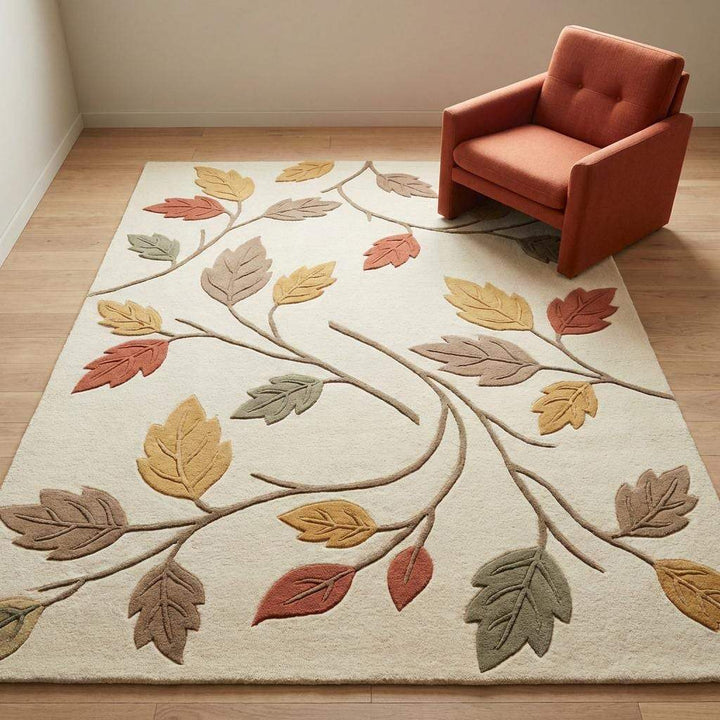 Translation missing: es.Modern Autumn Leaves Area Rug with carved botanical leaf design in neutral ivory and fall tones for cozy living room or nursery decor
