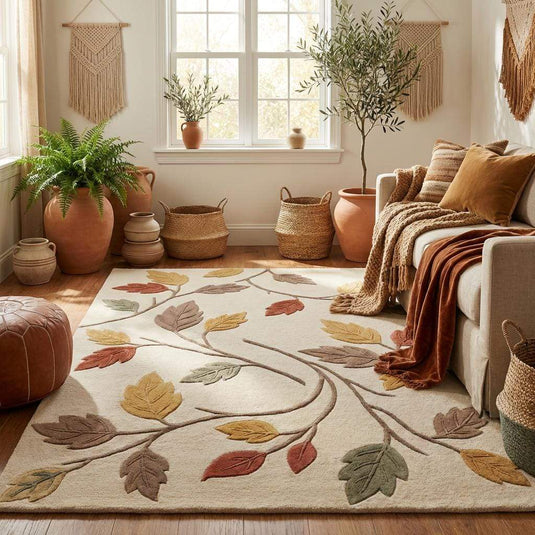 Translation missing: es.Nature inspired living room rug placed beneath accent chair, showcasing neutral ivory base and earthy leaf pattern that complements modern and cozy interiors
