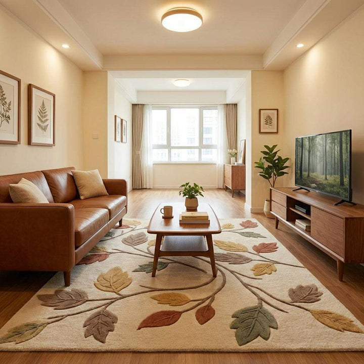 Translation missing: es.Autumn Leaves Area Rug, Modern Botanical Wool Living Room Carpet, Neutral Ivory Fall Decor , Cozy Nursery Rug, Nature Inspired Home Accent