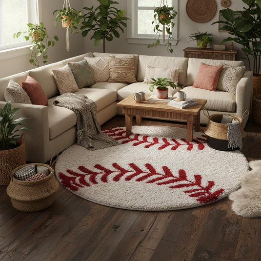 Translation missing: es.Hand-tufted round baseball rug with red stitching for kids rooms and nurseries