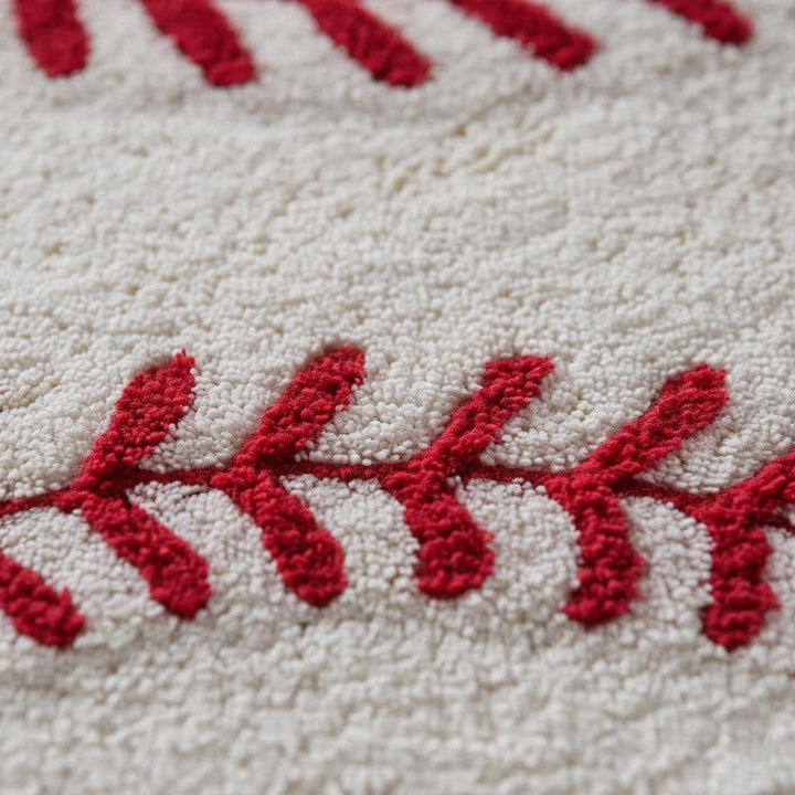 Translation missing: es.Hand-tufted round baseball rug with red stitching for kids' nursery and sports-themed rooms