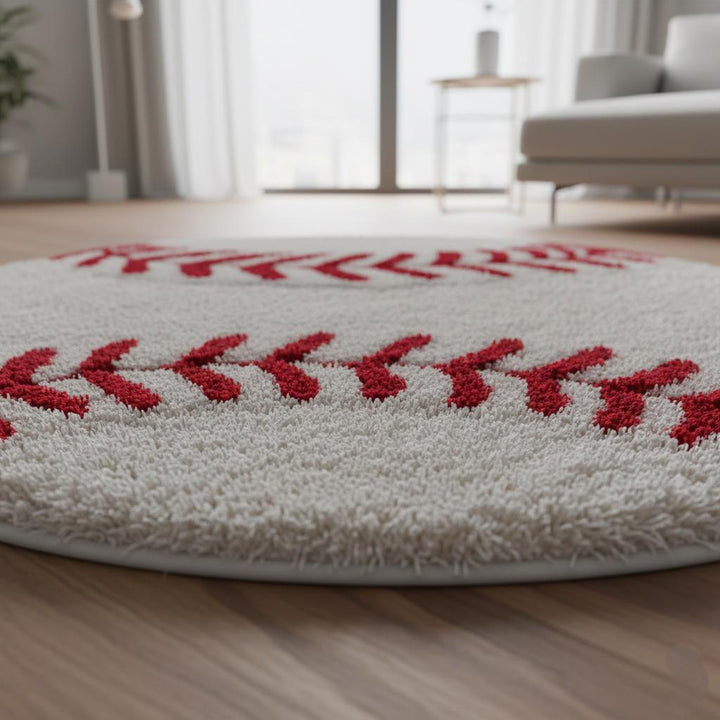 Translation missing: es.Round handmade baseball rug with red stitching for kids' sports-themed rooms