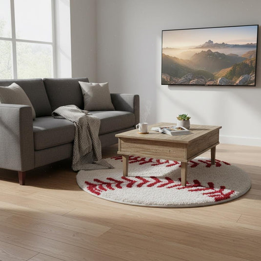 Translation missing: es.Hand-tufted round baseball rug with red stitching for kids' rooms and nurseries
