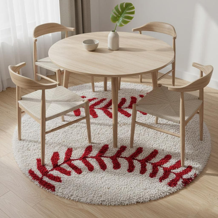 Translation missing: es.Hand-tufted round baseball rug with red stitching, soft and durable for kids' rooms and sports-themed decor